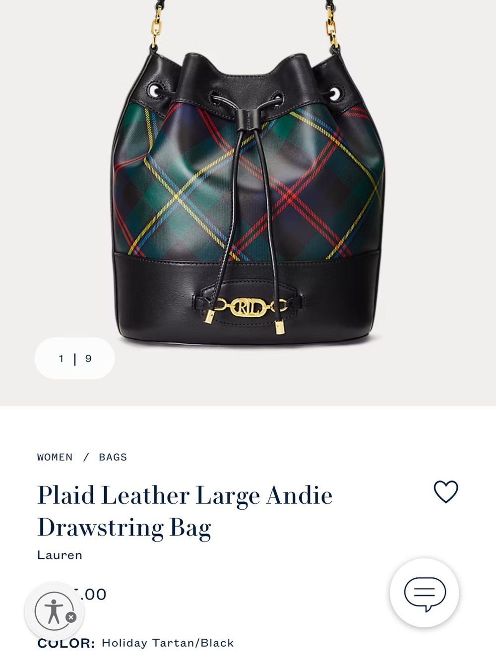 Ralph Lauren Plaid Drawstring Bucket Bag Holiday